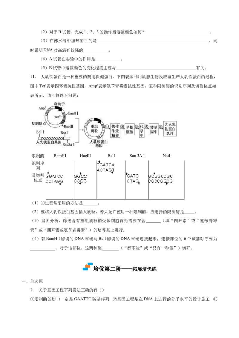 3.1重组DNA技术的基本工具-高二生物课后培优分级练（人教版2019选择性必修3）（原卷版）_E015高中全科试卷_生物试题_选修3_2.同步练习_1.课后培优练2023