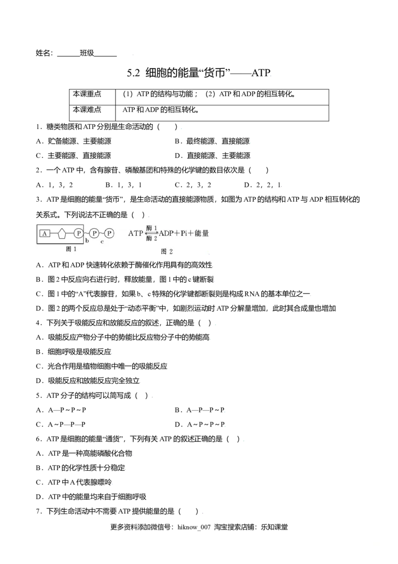 5.2细胞的能量&ldquo;货币&rdquo;&mdash;&mdash;ATP-高一生物课后培优练（人教版2019必修1）（原卷版）_E015高中全科试卷_生物试题_必修1_2.同步练习_3.同步练习（第三套）