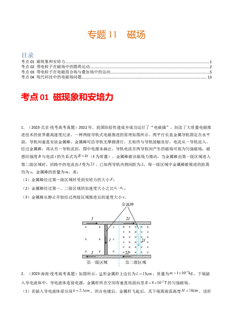 专题11磁场（计算题）学易金卷：三年（2021-2023）高考物理真题分项汇编（全国通用）（原卷版）_2024年4月_其他_240413学易金卷：三年（2021-2023）高考物理真题分项汇编（全国通用）