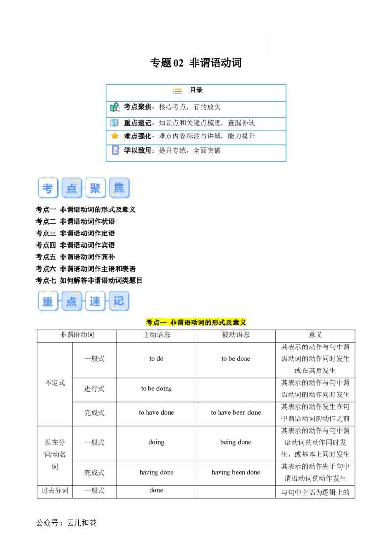 专题02非谓语动词（原卷版）_2024-2025高一（7-7月题库）_2024年7月试卷_07082024年初升高英语无忧衔接（通用版）暑假自学课2024年新高一英语暑假提升精品讲义