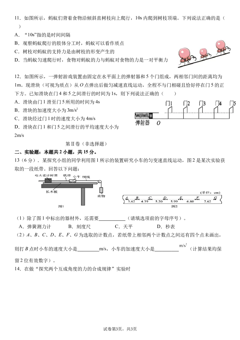 四川省南充市嘉陵一中2024-2025学年高一上学期12月月考物理试题Word版含答案_2024-2025高一（7-7月题库）_2024年12月试卷_1222四川省南充市嘉陵一中2024-2025学年高一上学期12月月考