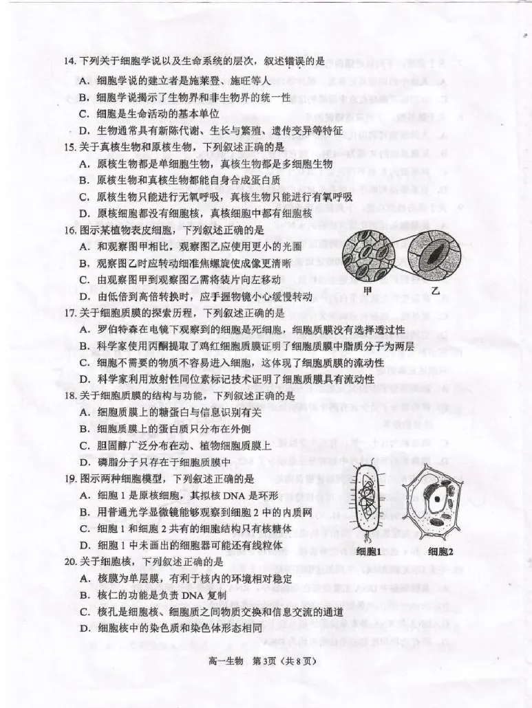 江苏省淮安市2024-2025学年高一上学期1月期末考试生物PDF版无答案_2024-2025高一（7-7月题库）_2025年02月试卷_0219江苏省淮安市2024-2025学年高一上学期1月期末考试