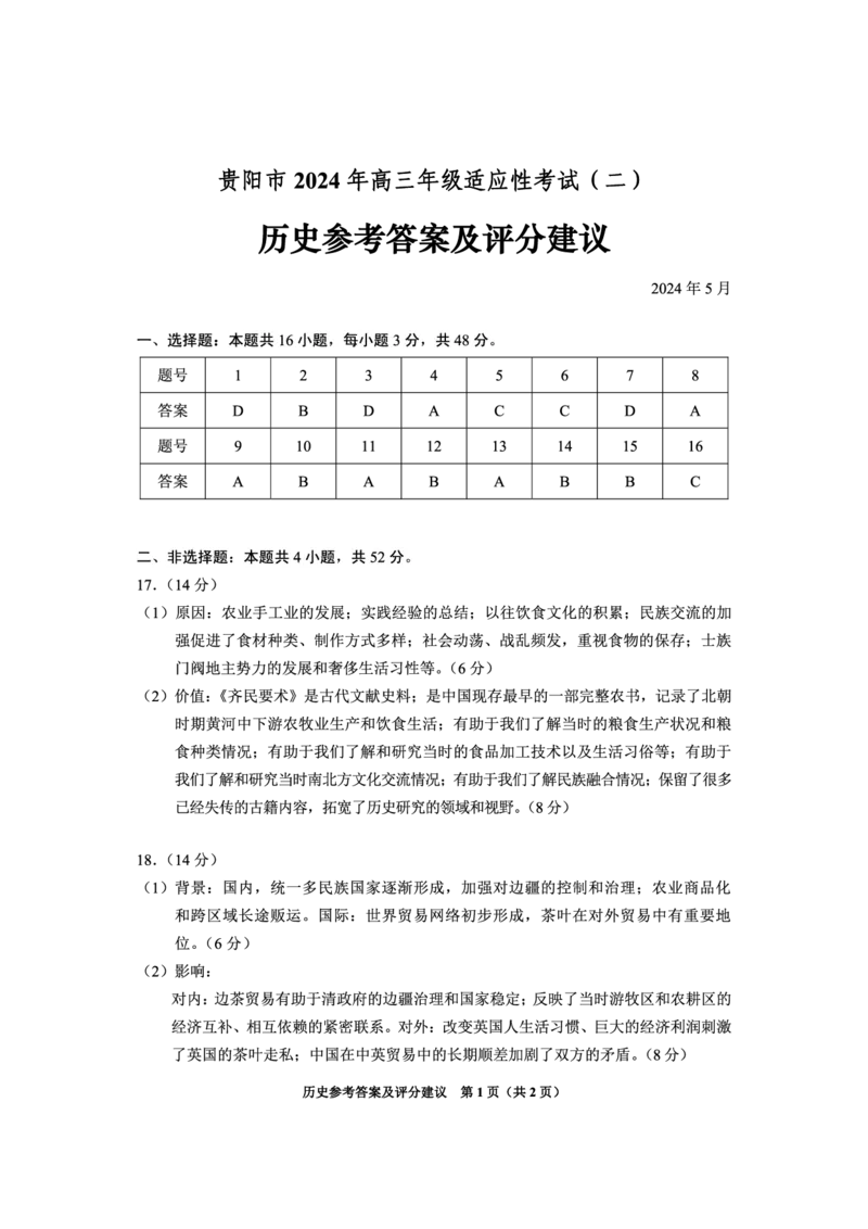历史参考答案_2024年5月_01按日期_8号_2024届贵州省贵阳市高三下学期5月适应性考试（二）_2024届贵州省贵阳市高三下学期适应性考试（二）历史试题