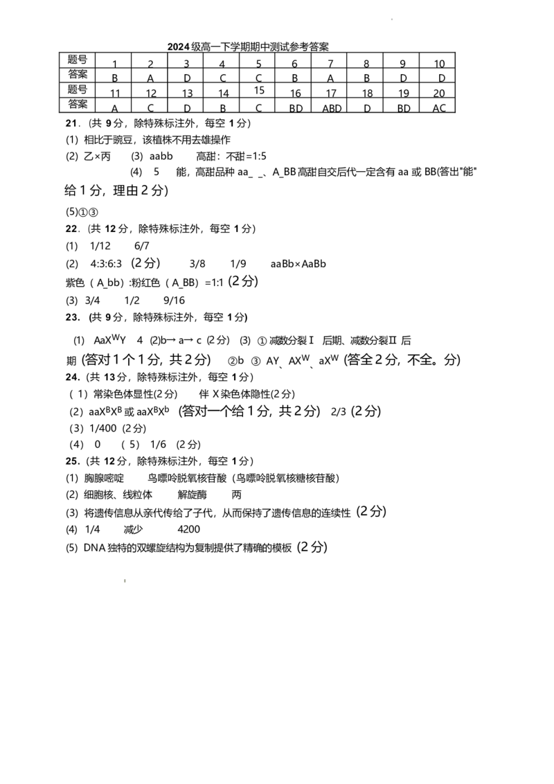 山东师范大学附属中学2024-2025学年高一下学期4月期中考试生物试卷（含答案）_2024-2025高一（7-7月题库）_2025年05月试卷_0517山东师范大学附属中学2024-2025学年高一下学期4月期中考试