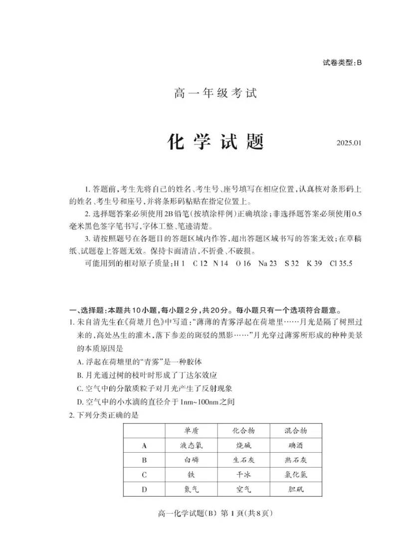 山东省泰安市2024-2025学年高一上学期期末考试化学（B）试卷（PDF版，含答案）_2024-2025高一（7-7月题库）_2025年02月试卷_0226山东省泰安市2024-2025学年高一上学期期末考试
