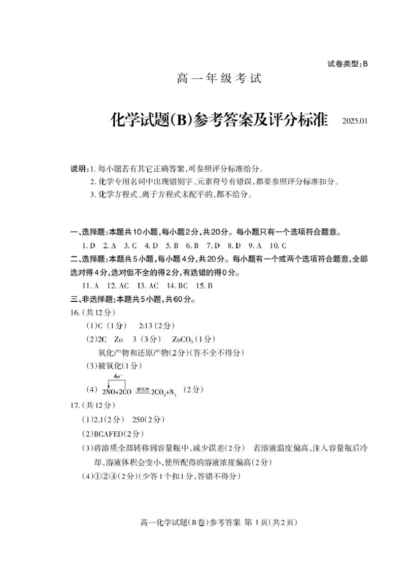 山东省泰安市2024-2025学年高一上学期期末考试化学（B）试卷（PDF版，含答案）_2024-2025高一（7-7月题库）_2025年02月试卷_0226山东省泰安市2024-2025学年高一上学期期末考试