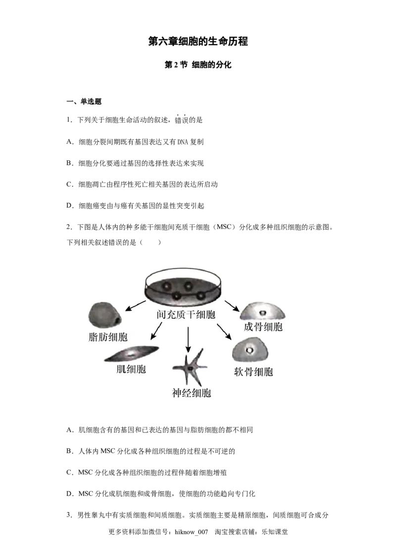 6.2细胞的分化练习新教材人教版（2019）高中生物必修一（含思维导图）_E015高中全科试卷_生物试题_必修1_2.同步练习_4.同步练习（第四套）