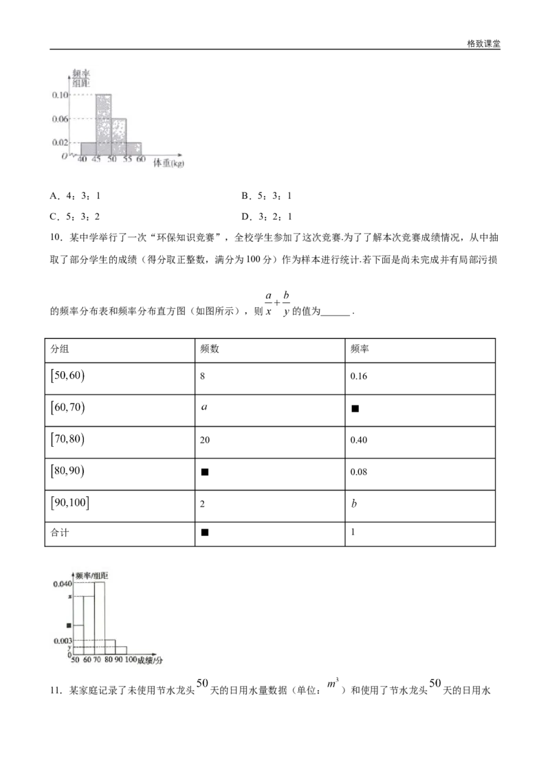 新教材精创9.2.1总体取值规律的估计（第1课时）频率分布直方图同步练习（2）（原卷版）_E015高中全科试卷_数学试题_必修2_02.同步练习_同步练习（第四套）