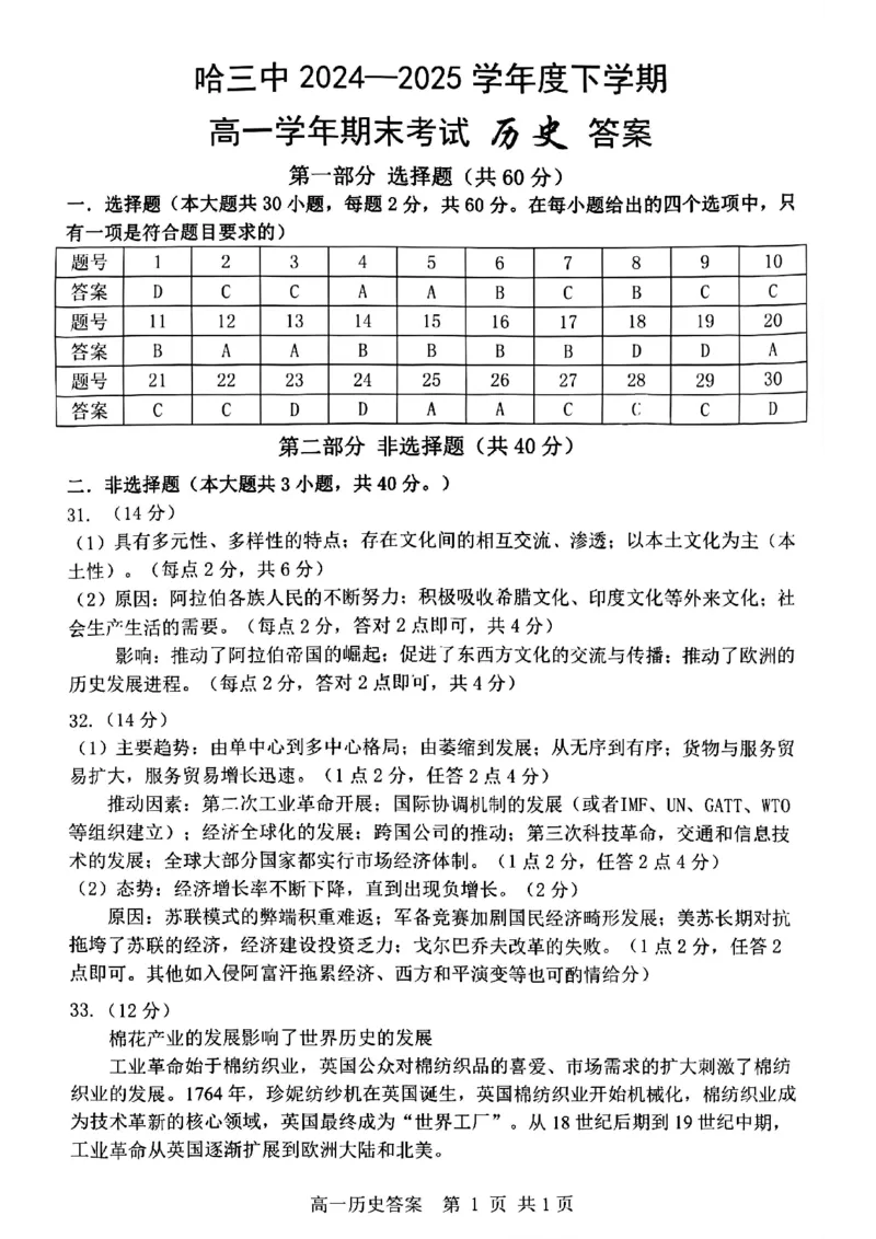 哈三中2024-2025学年度下学期高一学年期末考试历史答案_2024-2025高一（7-7月题库）_2025年7月_250718黑龙江省哈尔滨第三中学2024-2025学年度下学期高一学年期末考试（全科）