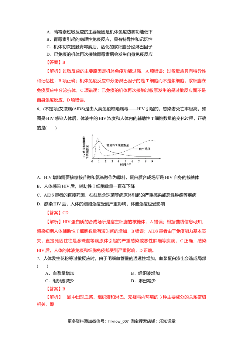 4.3免疫失调（练习）（解析版）_E015高中全科试卷_生物试题_选修1_2.同步练习_2.同步练习（第二套）