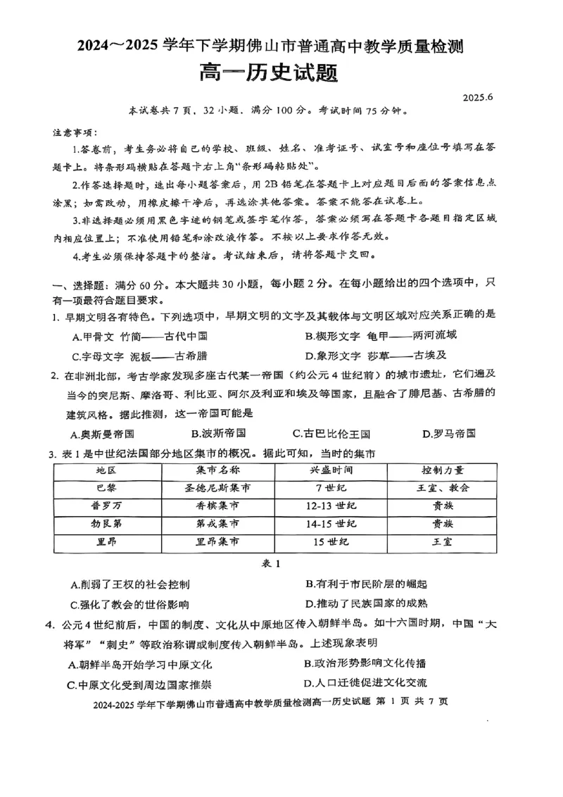 广东省佛山市2024-2025学年高一下学期6月期末历史试卷+答案_2024-2025高一（7-7月题库）_2025年7月_250703广东省佛山市2024-2025学年高一下学期普通高中教学质量检测