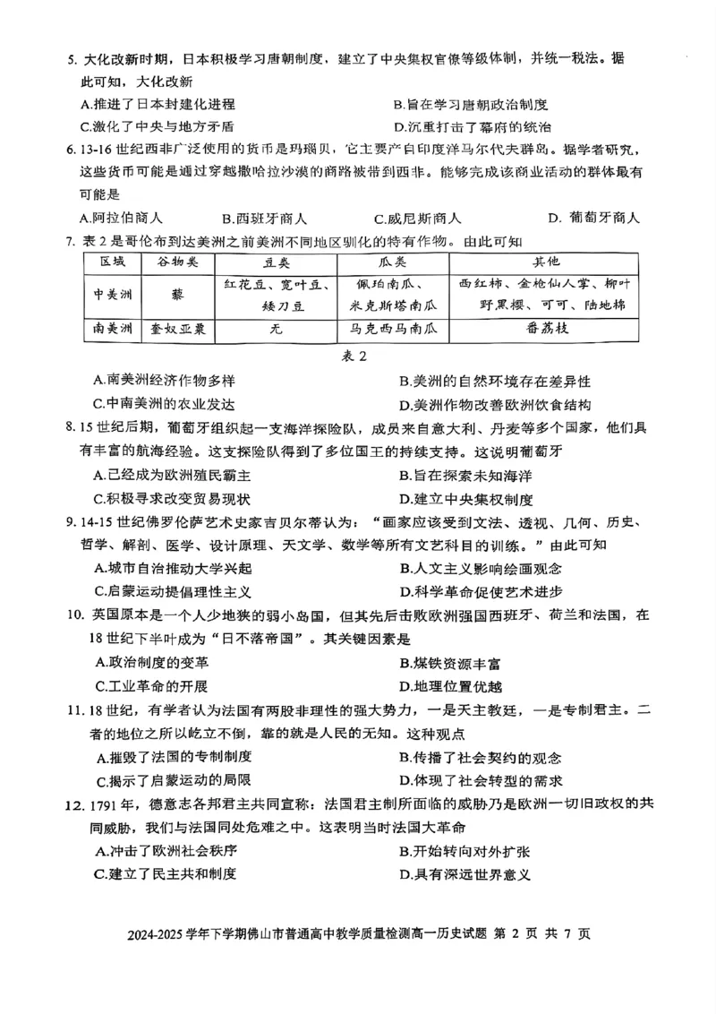 广东省佛山市2024-2025学年高一下学期6月期末历史试卷+答案_2024-2025高一（7-7月题库）_2025年7月_250703广东省佛山市2024-2025学年高一下学期普通高中教学质量检测