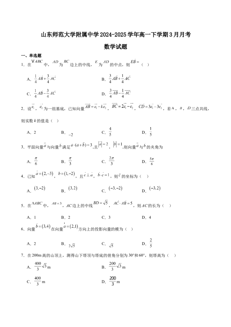 山东师范大学附属中学2024-2025学年高一下学期3月阶段性检测试题数学Word版含解析_2024-2025高一（7-7月题库）_2025年03月试卷