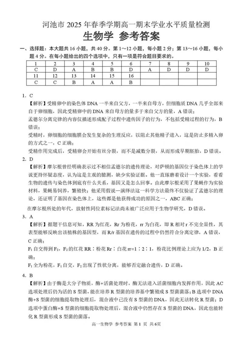 广西河池市2024-2025学年高一下学期7月期末考试生物PDF版含解析_2024-2025高一（7-7月题库）_2025年7月_250715广西河池市2024-2025学年高一下学期7月期末考试