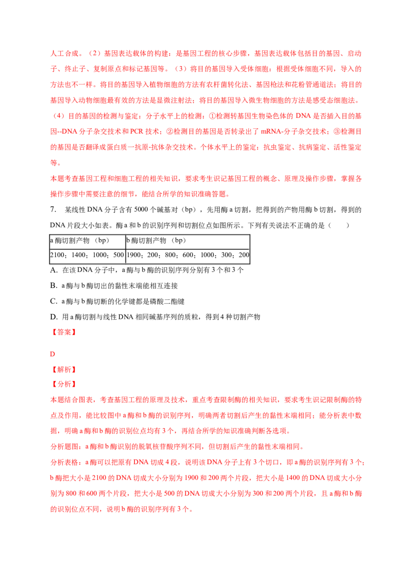 3.1重组DNA技术的基本工具-高二生物课后培优分级练（人教版2019选择性必修3）（解析版）_E015高中全科试卷_生物试题_选修3_2.同步练习_1.课后培优练2023