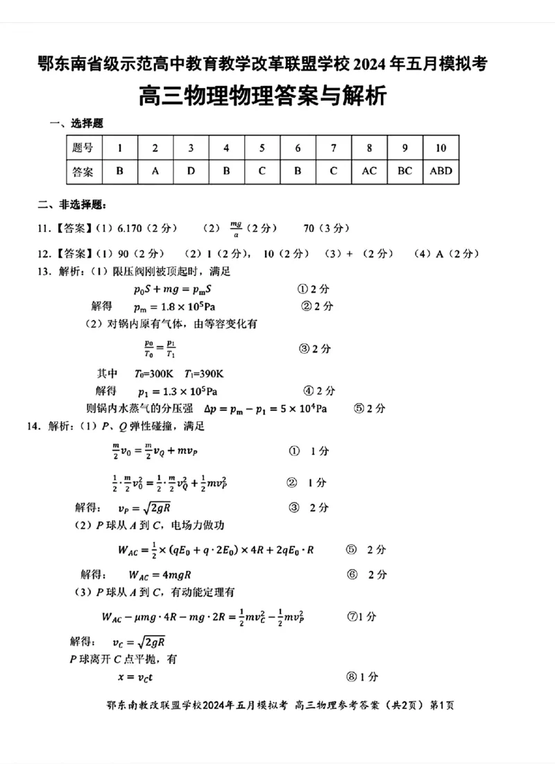 去手写_高三物理物理答案与解析_2024年5月_01按日期_11号_2024届湖北省鄂东南省级示范联盟学校高三下学期5月第一次联考(一模