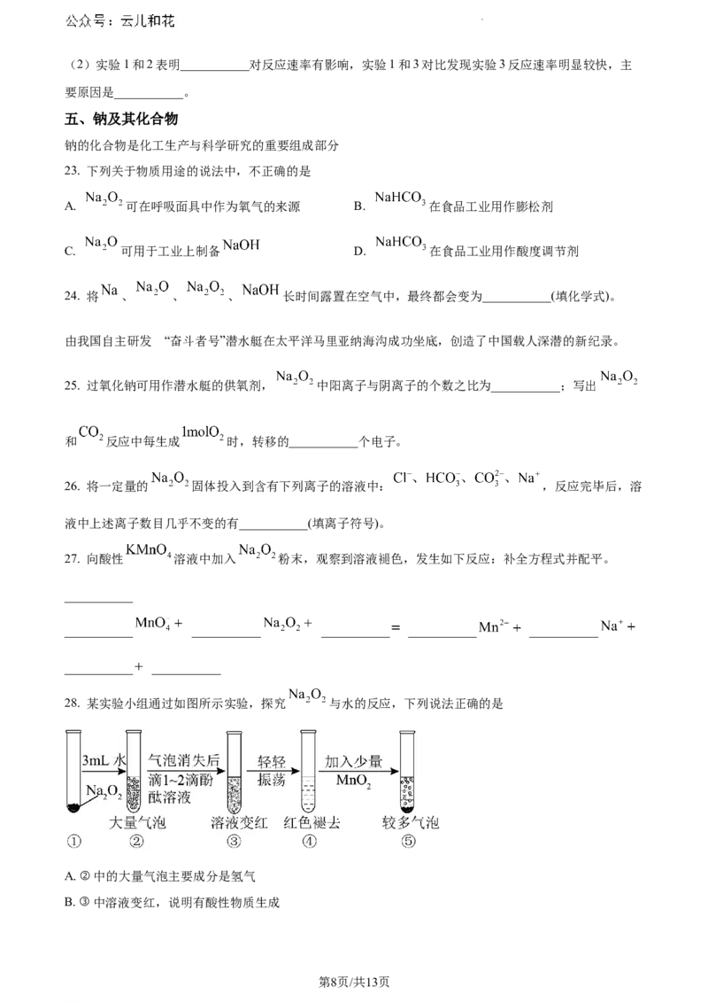 上海市上海师范大学附属中学闵行分校2023-2024学年高一下学期6月期末考试化学试题_2024-2025高一（7-7月题库）_2024年8月试卷