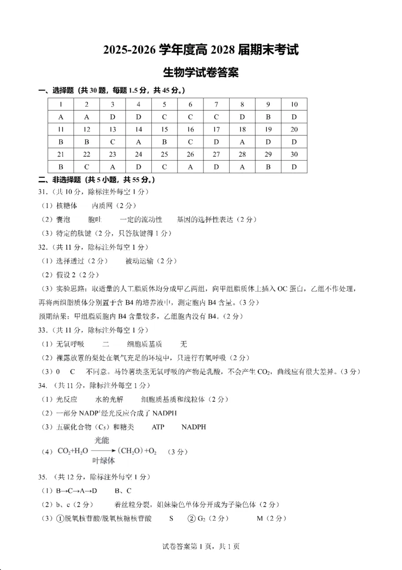 2025一2026学年度上期高2028届期末考试生物答案_2024-2025高一（7-7月题库）_2026年1月高一_260128四川省成都市第七中学2025一2026学年度上期高一期末考试（全）