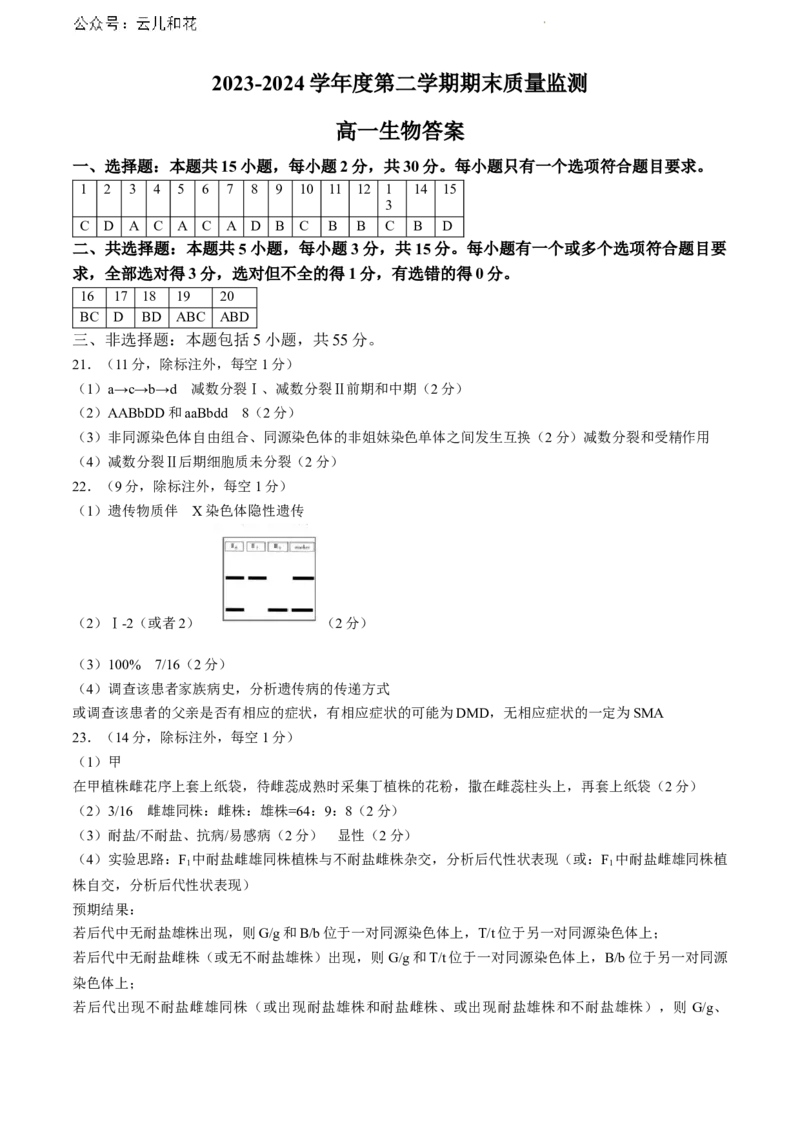山东省东营市2023-2024学年高一下学期期末考试生物试题_2024-2025高一（7-7月题库）_2024年8月试卷_0811山东省东营市2023-2024学年高一下学期期末考试