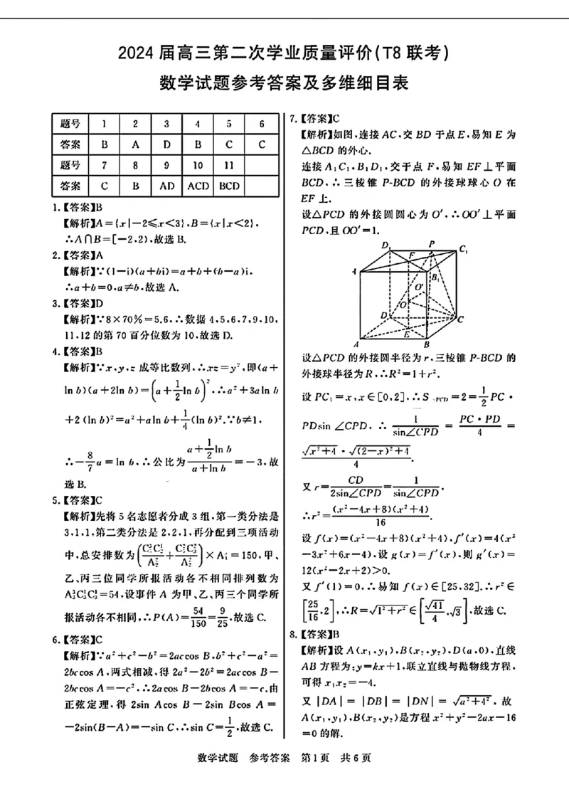 去手写_数学试题参考答案及多维细目表_2024年3月_013月合集_2024届八省八校T8联考高三第二次学业质量评价_2024届八省八校T8联考高三第二次学业质量评价数学试题