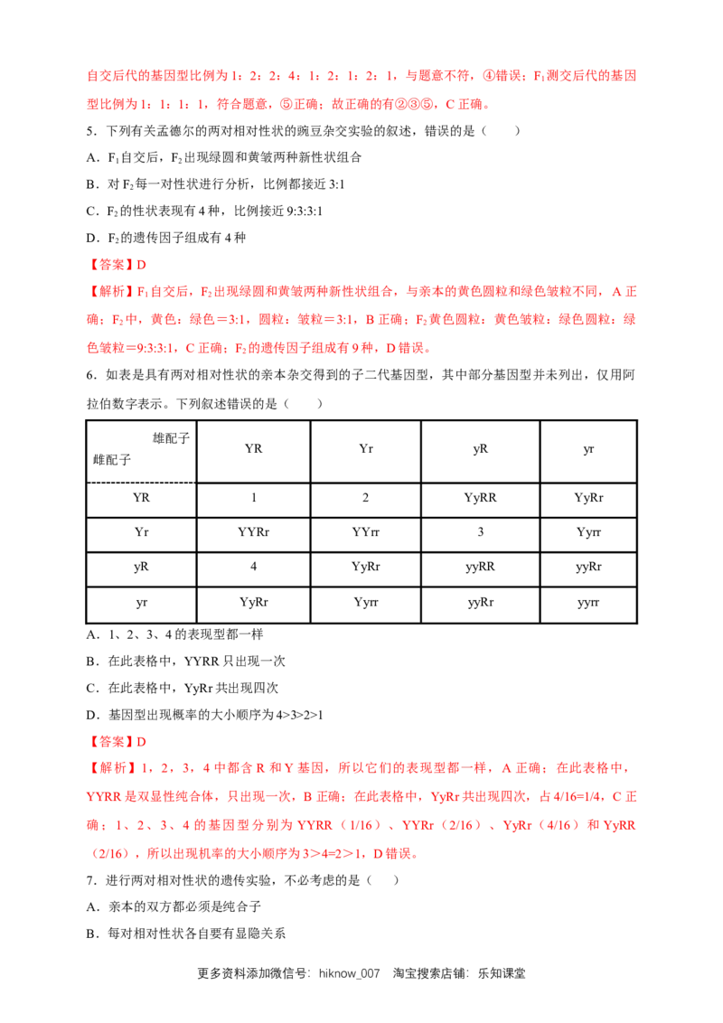 新教材精创1.2.1孟德尔的豌豆杂交实验（二）练习（2）（解析版）_E015高中全科试卷_生物试题_必修2_2.同步练习_1、同步练习