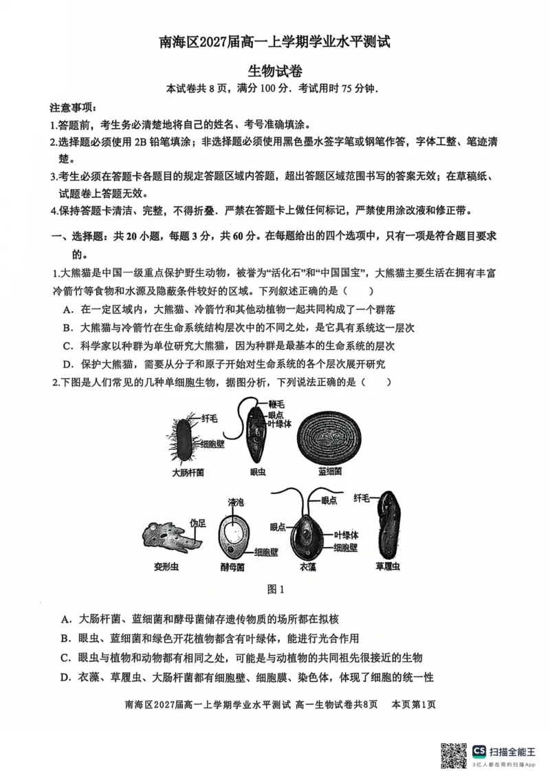 广东省佛山市南海区2024-2025学年高一上学期12月月考试题生物PDF版无答案_2024-2025高一（7-7月题库）_2024年12月试卷_1213广东省佛山市南海区2024-2025学年高一上学期12月月考试题
