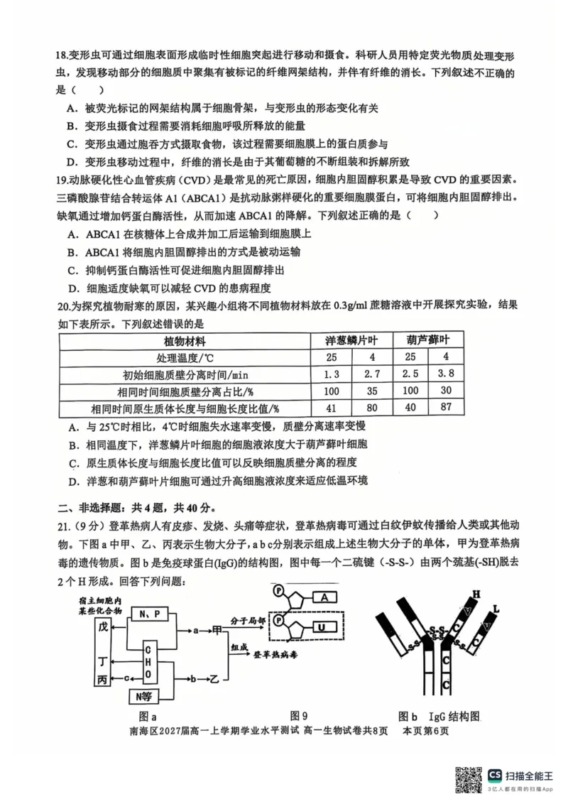 广东省佛山市南海区2024-2025学年高一上学期12月月考试题生物PDF版无答案_2024-2025高一（7-7月题库）_2024年12月试卷_1213广东省佛山市南海区2024-2025学年高一上学期12月月考试题
