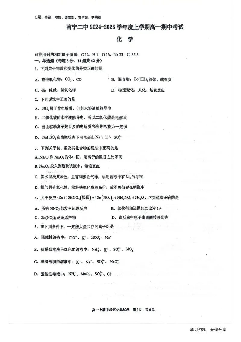 南宁二中2024年秋季期中高一化学试卷_2024-2025高一（7-7月题库）_2024年11月试卷_1111广西南宁二中2024-2025学年高一秋季期中考试