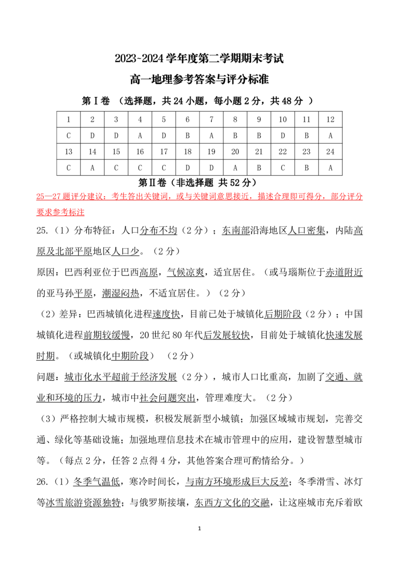 2023~2024学年度第二学期期末考试高一地理参考答案与评分标准_2024-2025高一（7-7月题库）_2024年7月试卷_0710辽宁省锦州市2023-2024学年高一下学期期末考试