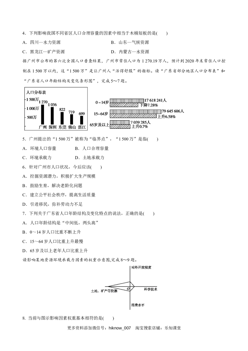 新教材精创1.3人口容量同步练习（1）（原卷版）_E015高中全科试卷_地理试题_必修2_2.同步练习_同步练习（第二套）