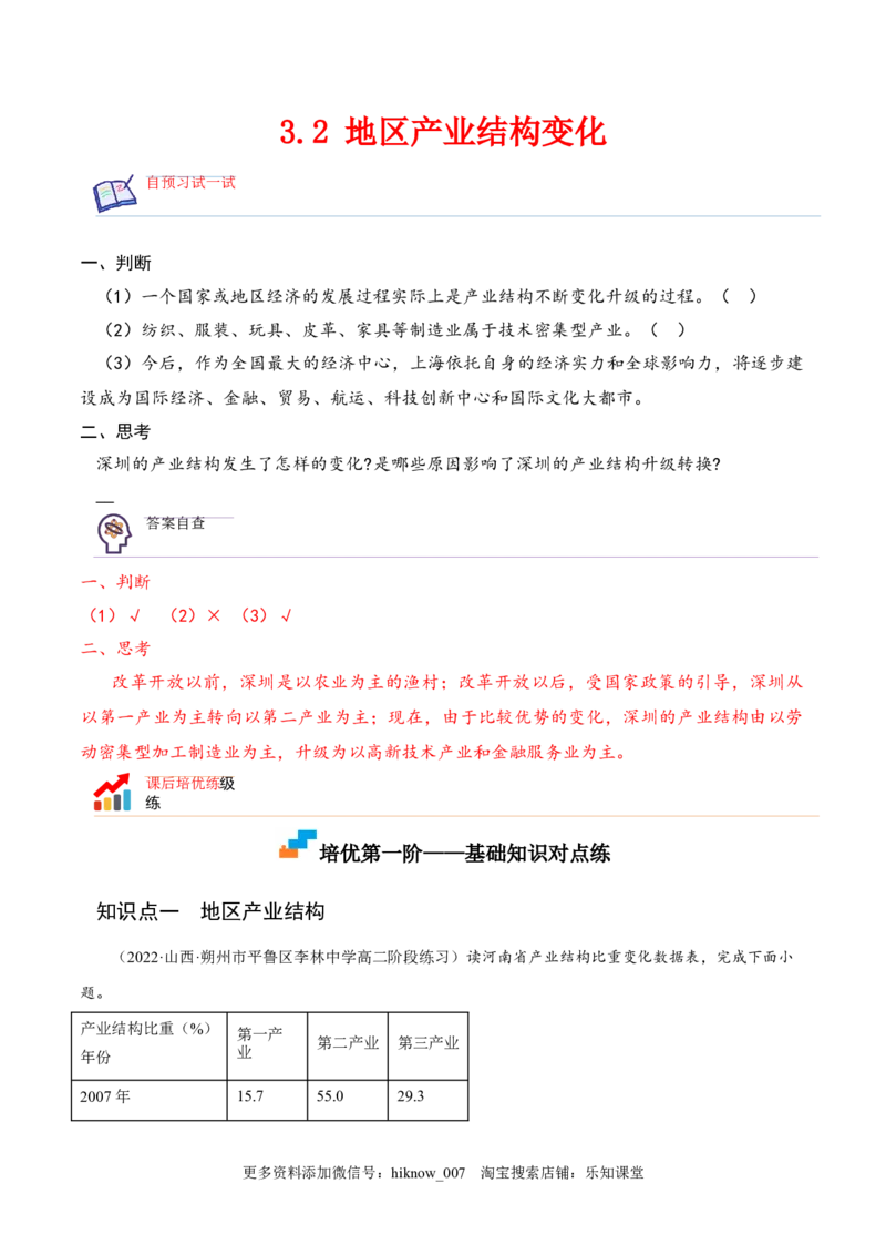 3.2地区产业结构变化-2022-2023学年高二地理课后培优分级练（人教版选择性必修第二册）（解析版）_E015高中全科试卷_地理试题_选修2_2.同步练习_课后培优练2023年（第一套）