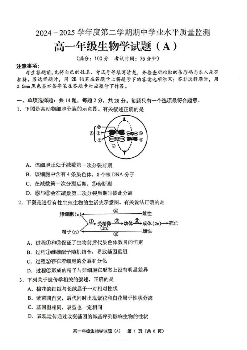 江苏省连云港市赣榆区2024-2025学年高一下学期4月期中考试生物PDF版含答案_2024-2025高一（7-7月题库）_2025年05月试卷_0513江苏省连云港市赣榆区2024-2025学年高一下学期4月期中考试