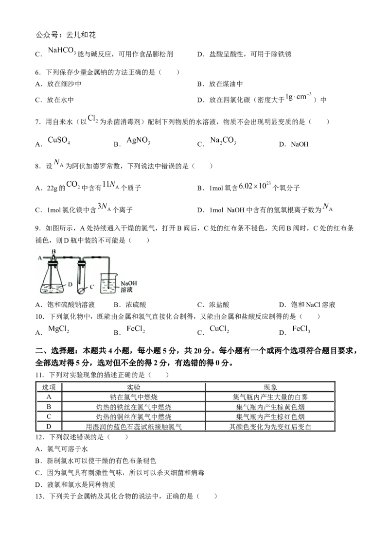 山东省菏泽市鄄城县第一中学2024-2025学年高一上学期10月月考化学试题_2024-2025高一（7-7月题库）_2024年10月试卷_1024山东省菏泽市鄄城县第一中学2024-2025学年高一上学期10月月考