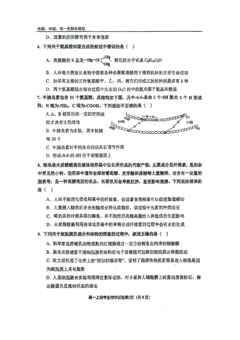 南宁二中2024年秋季期中高一生物试卷_2024-2025高一（7-7月题库）_2024年11月试卷_1111广西南宁二中2024-2025学年高一秋季期中考试