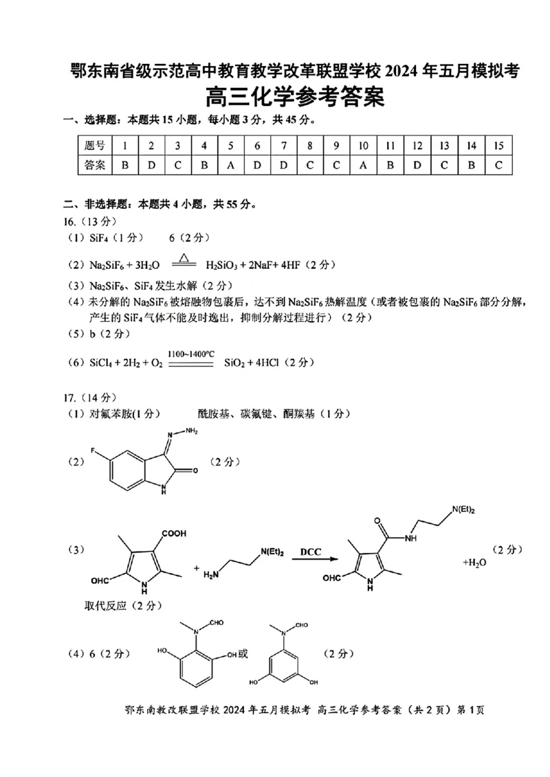 去手写_高三化学参考答案(1)_2024年5月_025月合集_2024届湖北省鄂东南省级示范联盟学校高三下学期5月第一次联考(一模