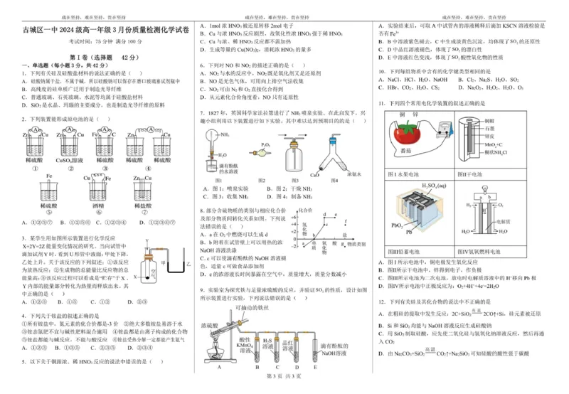 云南省丽江市古城区第一中学2024-2025学年高一下学期3月月考(一)化学试题（PDF版，含答案）_2024-2025高一（7-7月题库）_2025年04月试卷