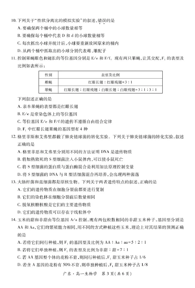 广东省2024-2025学年高一下学期4月期中联考试题生物PDF版含解析_2024-2025高一（7-7月题库）_2025年04月试卷_0429广东省2024-2025学年高一下学期4月期中联考试题