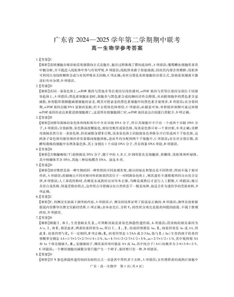 广东省2024-2025学年高一下学期4月期中联考试题生物PDF版含解析_2024-2025高一（7-7月题库）_2025年04月试卷_0429广东省2024-2025学年高一下学期4月期中联考试题