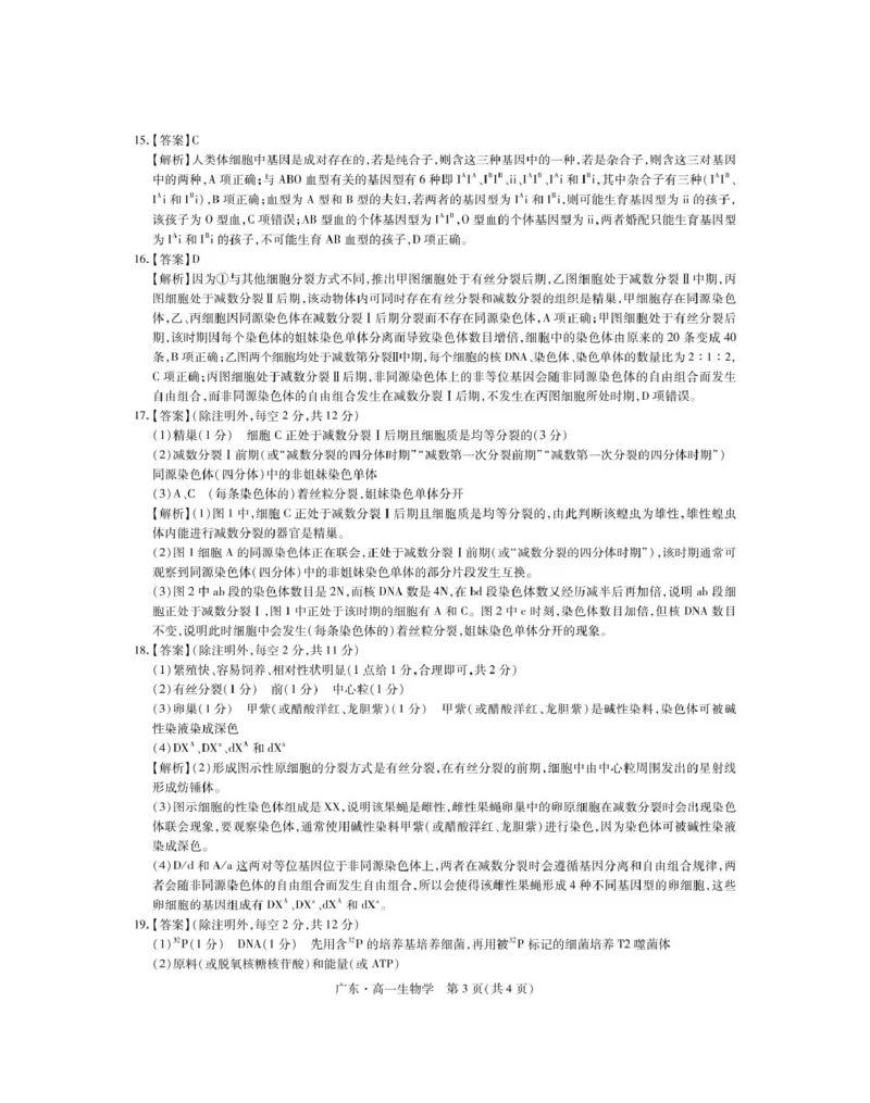 广东省2024-2025学年高一下学期4月期中联考试题生物PDF版含解析_2024-2025高一（7-7月题库）_2025年04月试卷_0429广东省2024-2025学年高一下学期4月期中联考试题