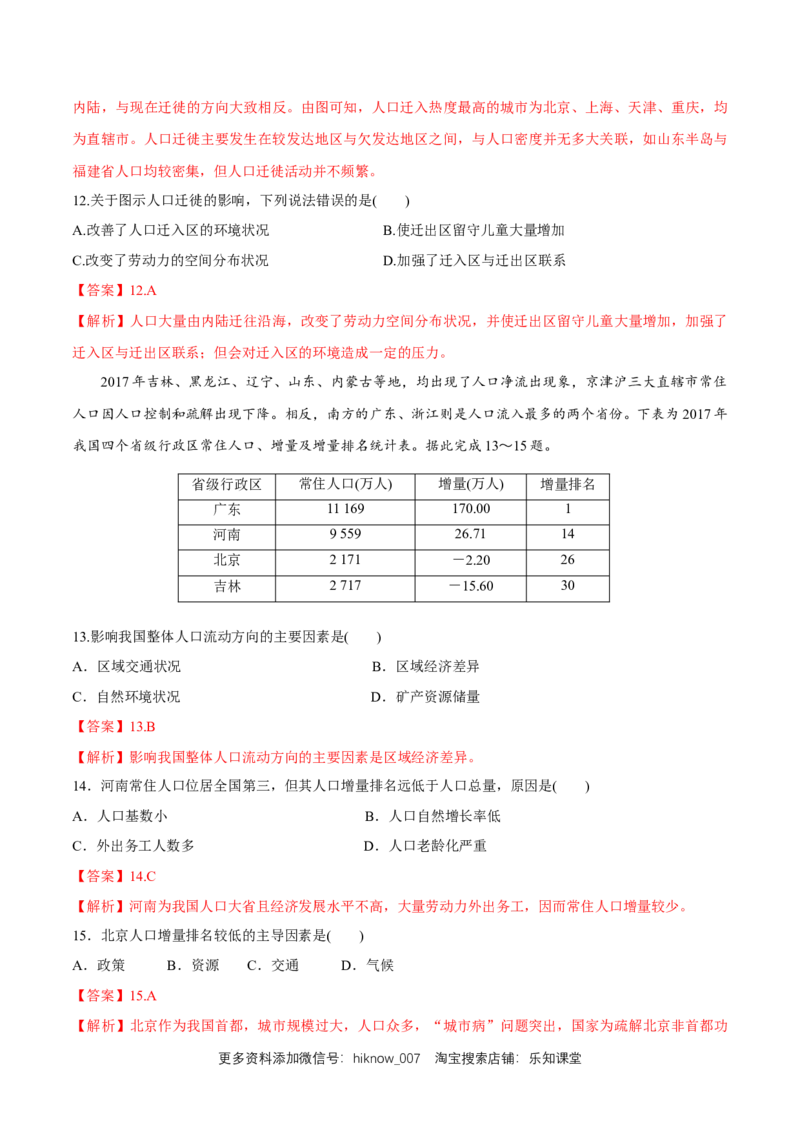 新教材精创1.2人口迁移同步练习（1）（解析版）_E015高中全科试卷_地理试题_必修2_2.同步练习_同步练习（第二套）