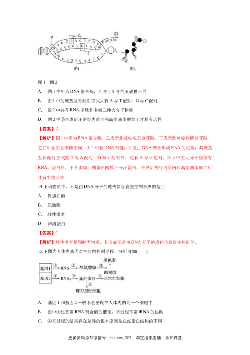 新教材精创4.2基因表达与性状的关系练习（1）（解析版）_E015高中全科试卷_生物试题_必修2_2.同步练习_1、同步练习