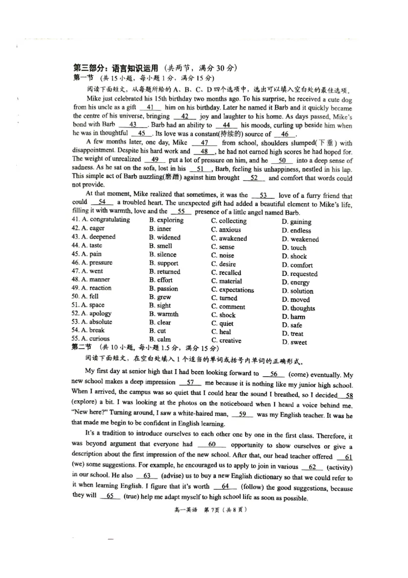 广西壮族自治区百色市2024-2025学年高一上学期1月期末考试英语PDF版无答案_2024-2025高一（7-7月题库）_2025年03月试卷_0319广西壮族自治区百色市2024-2025学年高一上学期1月期末考试
