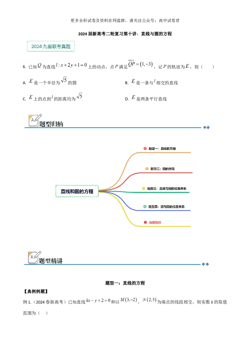 专题十：直线与圆的方程_2024年4月_其他_2024年新高考数学新题型试卷结构冲刺讲义_专题10：直线与圆的方程（四大题型）-2024年新高考新题型试卷结构冲刺讲义