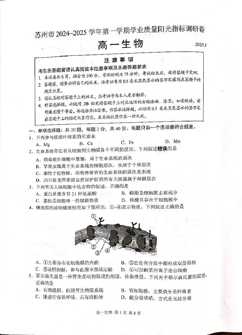 江苏省苏州市2024-2025学年高一上学期1月期末学业阳光指标调研试题生物PDF版无答案_2024-2025高一（7-7月题库）_2025年02月试卷