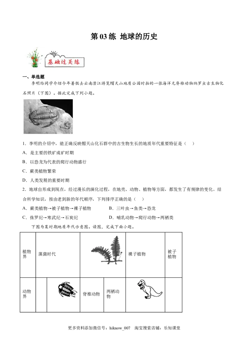第03练地球的历史-课后追踪2022-2023学年高一地理上册同步课后练（人教版2019必修第一册）（原卷版）_E015高中全科试卷_地理试题_必修1_2.同步练习_课后培优练2023年（第一套）