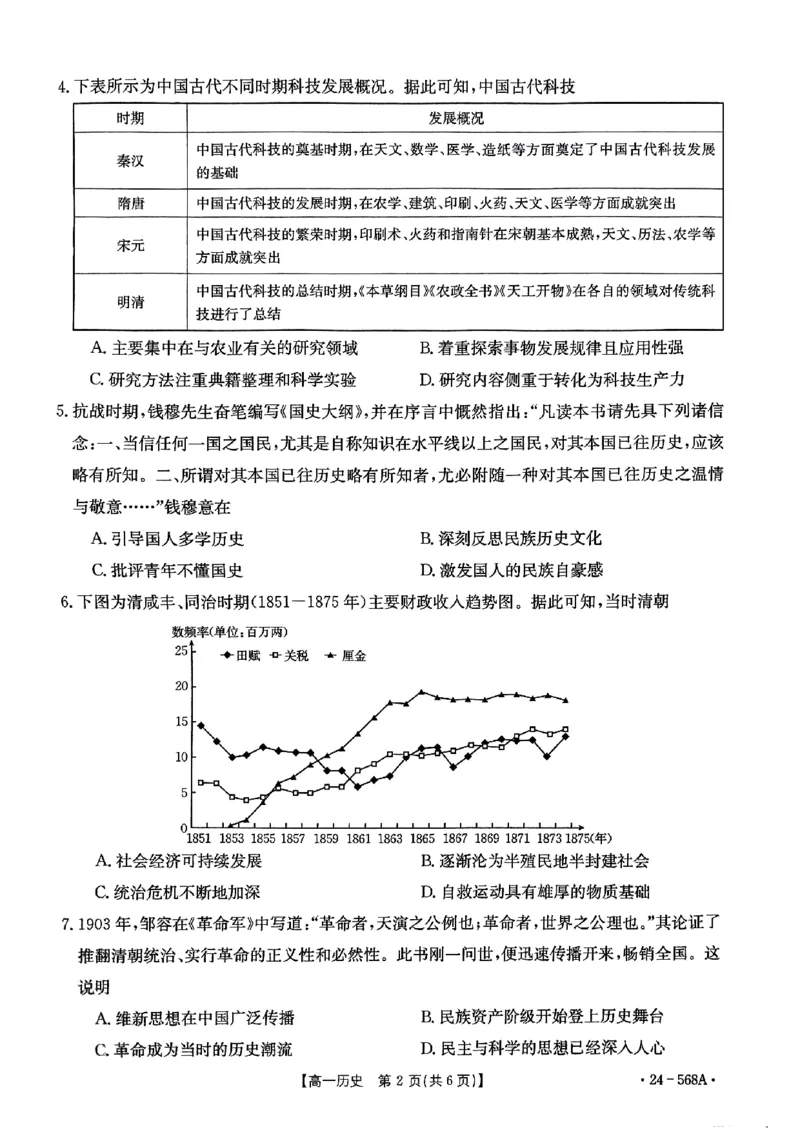安徽省阜阳市2023-2024学年高一下学期7月期末考试历史试题_2024-2025高一（7-7月题库）_2024年7月试卷_0729安徽省阜阳市2023-2024学年高一下学期期末考试(金太阳568A)