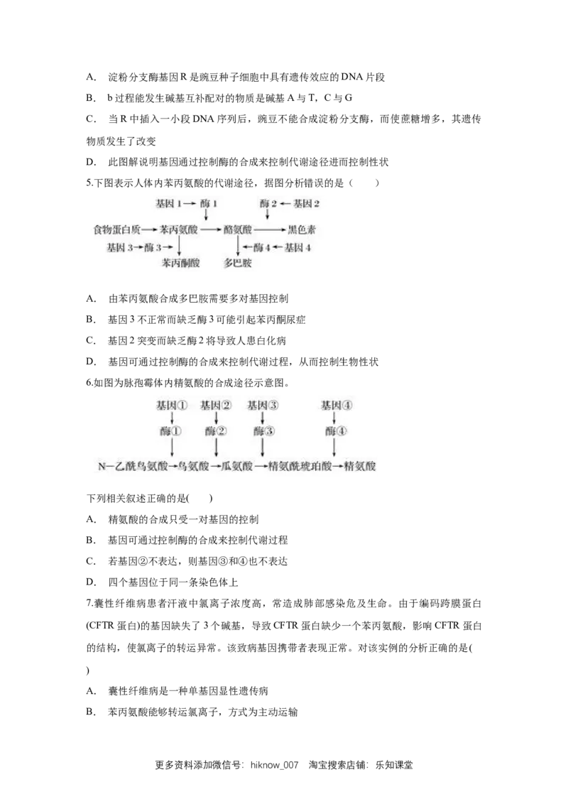 新教材精创4.2基因表达与性状的关系练习（1）（原卷版）_E015高中全科试卷_生物试题_必修2_2.同步练习_1、同步练习