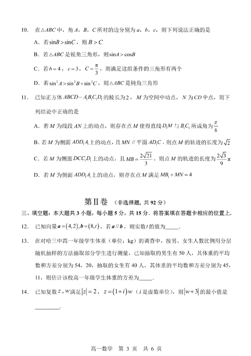 哈三中2024-2025学年度下学期高一学年期末考试数学_2024-2025高一（7-7月题库）_2025年7月_250718黑龙江省哈尔滨第三中学2024-2025学年度下学期高一学年期末考试（全科）