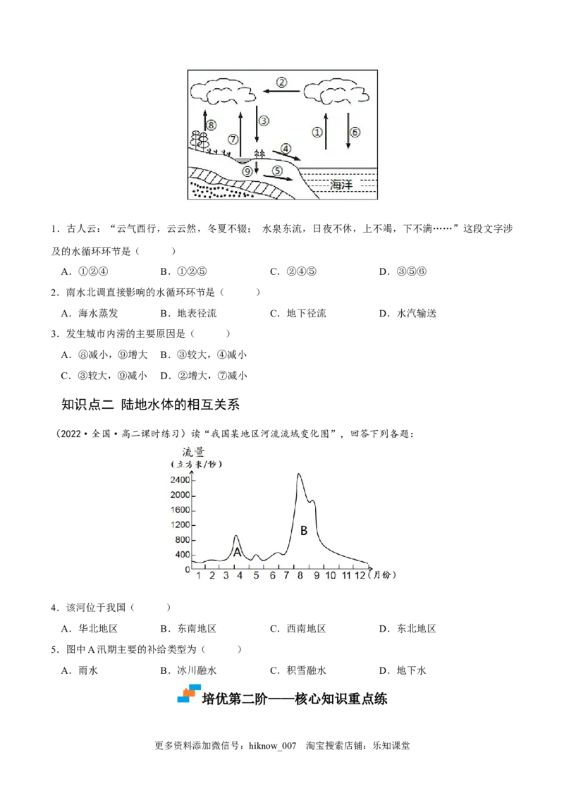 4.1陆地水体及其相互关系-2022-2023学年高二地理课后培优分级练（人教版2019选择性必修第一册）（原卷版）_E015高中全科试卷_地理试题_选修1_2.同步练习_课后培优练2023年-第1套