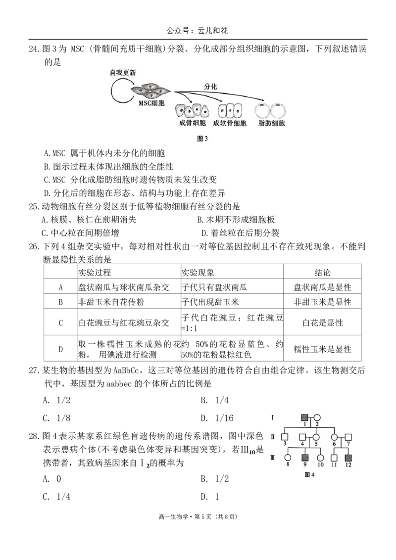 云南省玉溪市2023-2024学年高一下学期7月期末教学质量检测生物试题_2024-2025高一（7-7月题库）_2024年8月试卷_0802云南省玉溪市2023-2024学年高一下学期期末教学质量检测